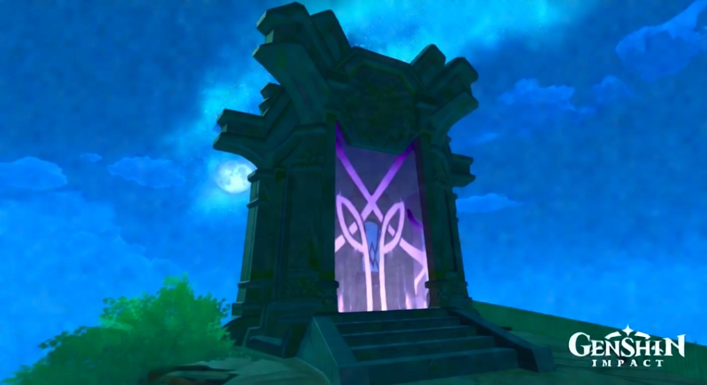 Um portal roxo brilhante com um símbolo em um arco de pedra à noite