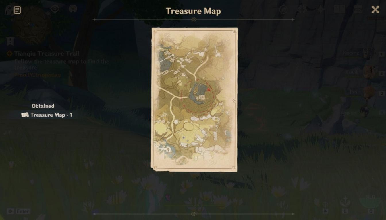 Interface do Mapa do Tesouro de Genshin Impact mostrando um mapa e detalhes da missão