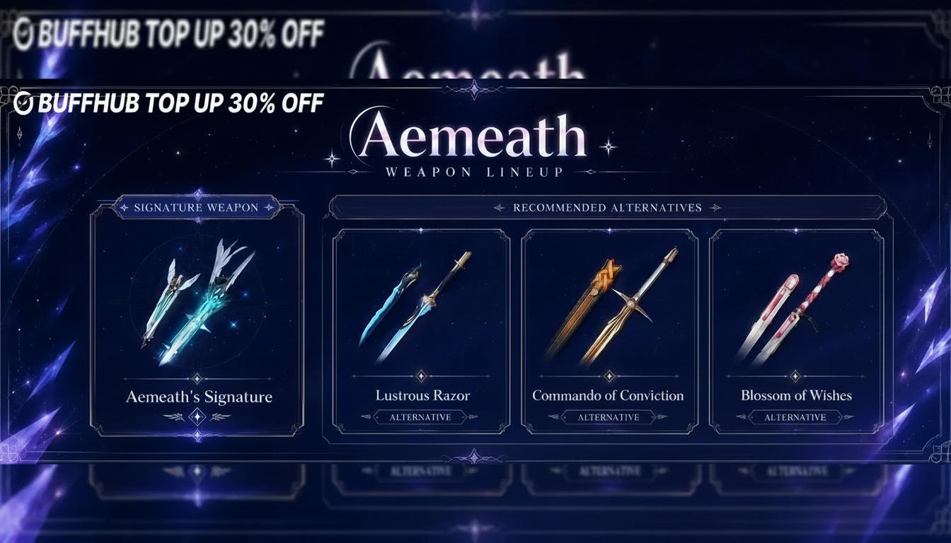 Guida alle armi per Aemeath che mostra la sua arma distintiva insieme a valide spade alternative per diverse build.